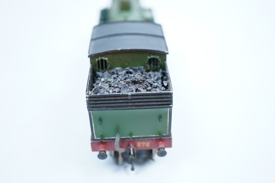 An EM gauge scratch built model railway locomotive by John Worsley, a Southern Railway Drummond M7 0-4-4T, 676, a detailed model with opening smoke box door showing the details of the blast pipe and boiler tube ends, spr